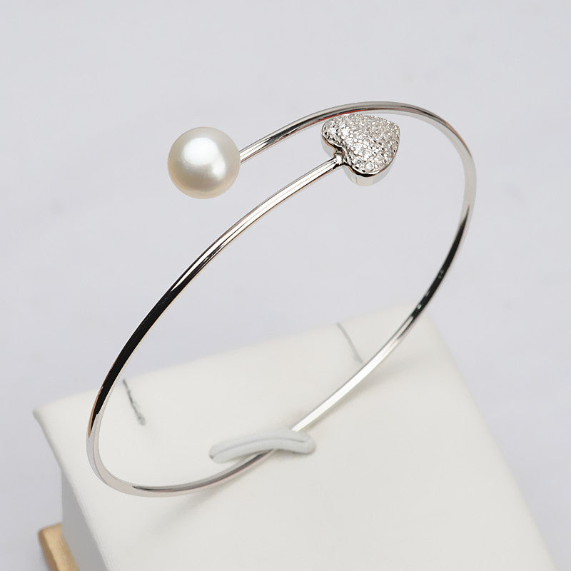 S925 Sterling Silver Lovely Heart Pearl Bangle Settings - Feliz Pearl
