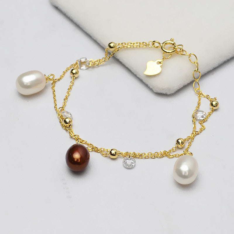 Cubic Zirconia S925 Sterling Silver Pearl Bracelet Setting Double Layer - Feliz Pearl