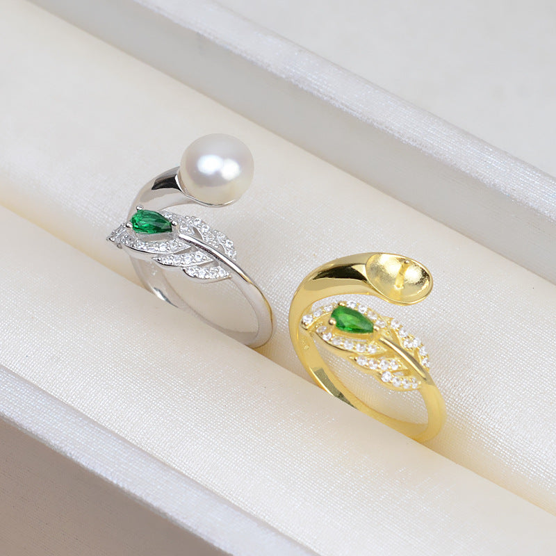 Green CZ Feather Pearl Ring Setting-S925 Sterling Silver - Feliz Pearl