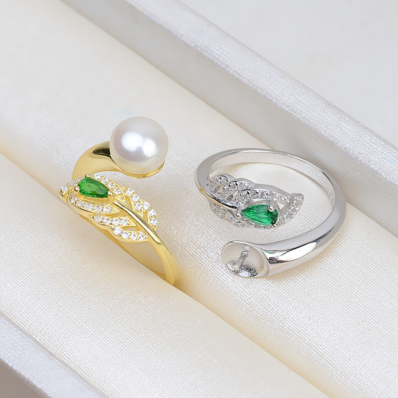 Green CZ Feather Pearl Ring Setting-S925 Sterling Silver - Feliz Pearl