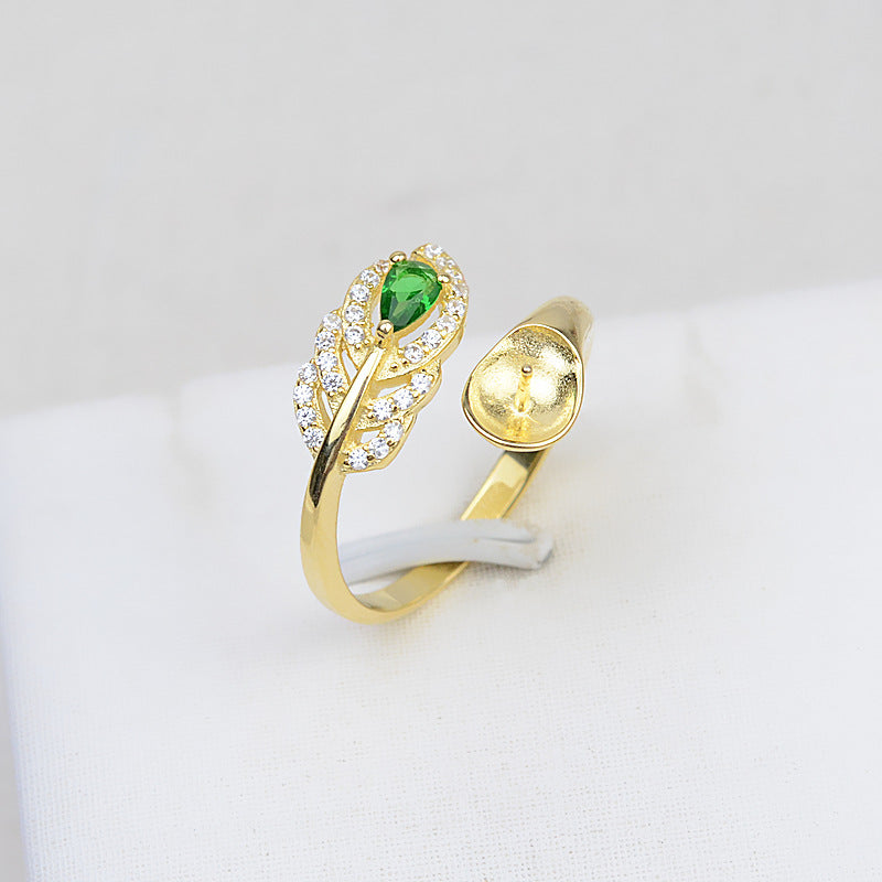 Green CZ Feather Pearl Ring Setting-S925 Sterling Silver - Feliz Pearl