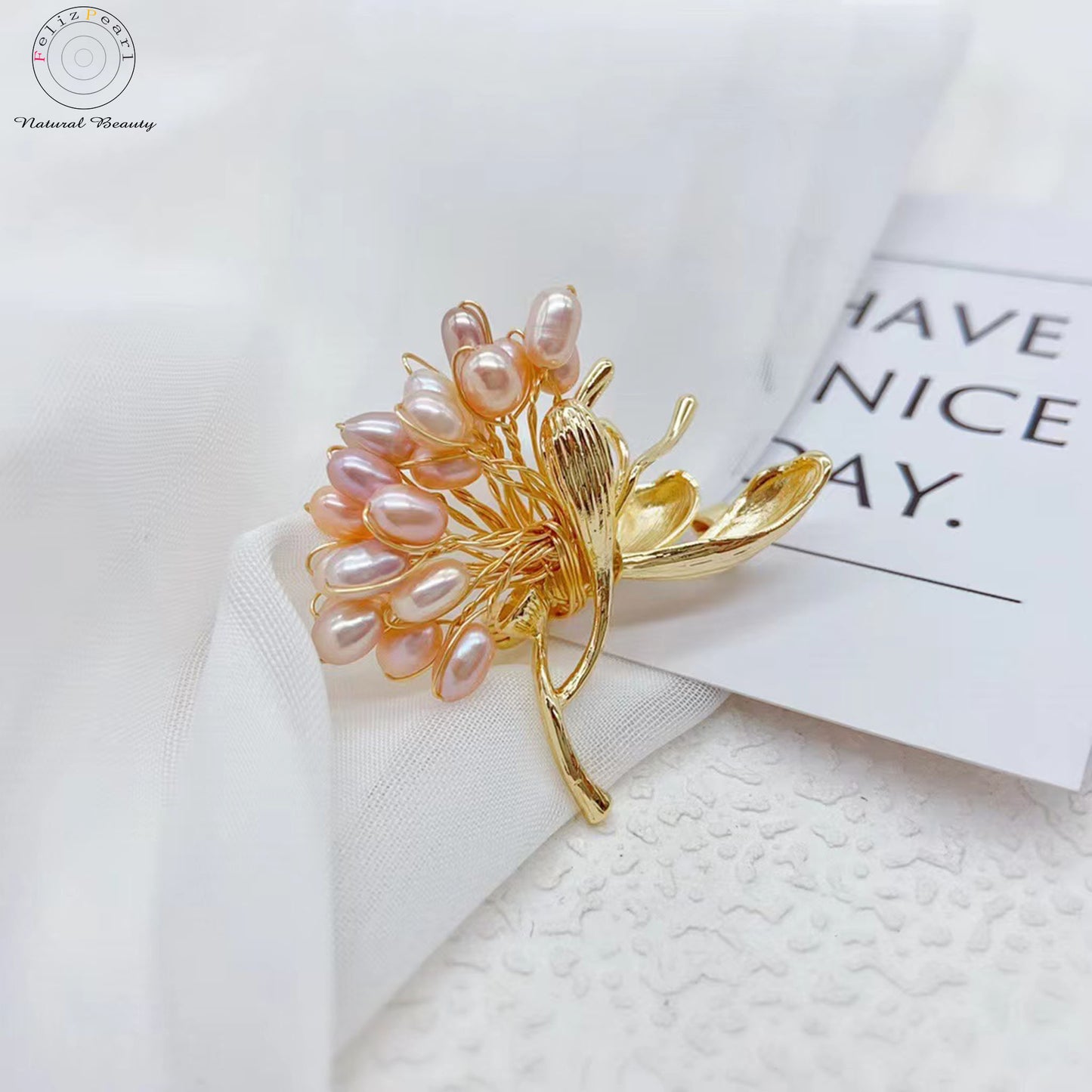 Blossom. Gold Plated Pearl Brooche - Feliz Pearl