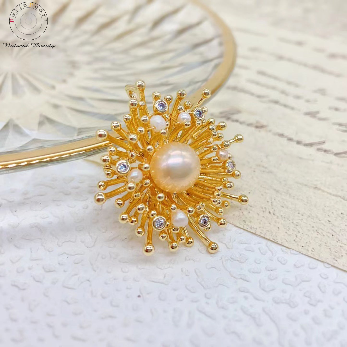 Cubic Zirconia Dandelion. Copper Pearl Brooch Gift - Feliz Pearl