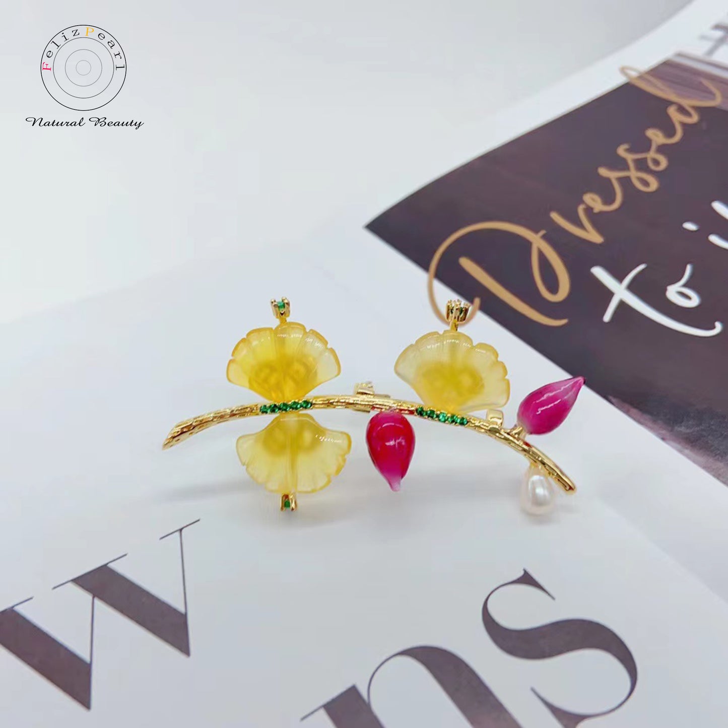 Ginkgo & Rose Pearl Brooch - Feliz Pearl