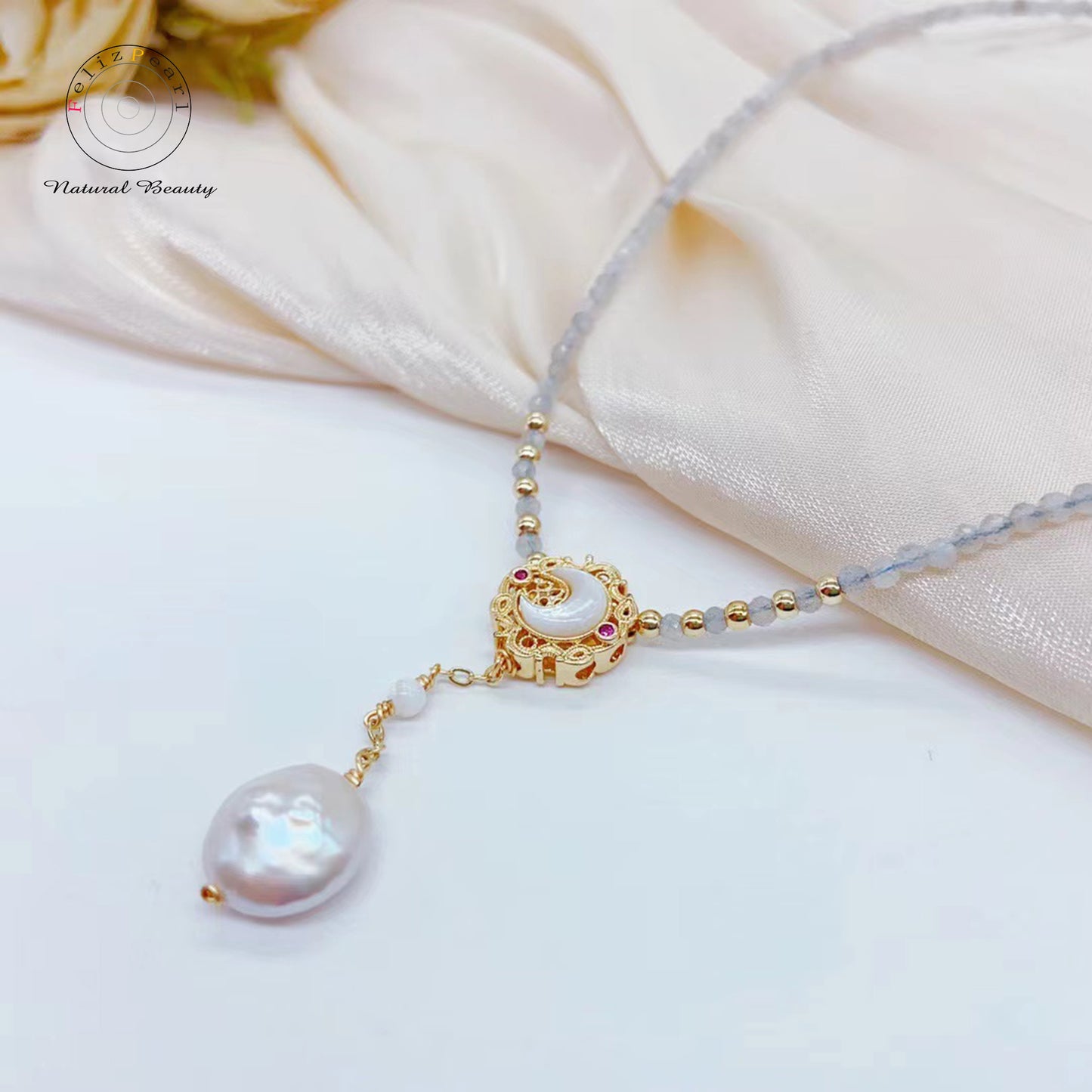Moonlight Cat's Eye Stone Pearl Necklace - Feliz Pearl