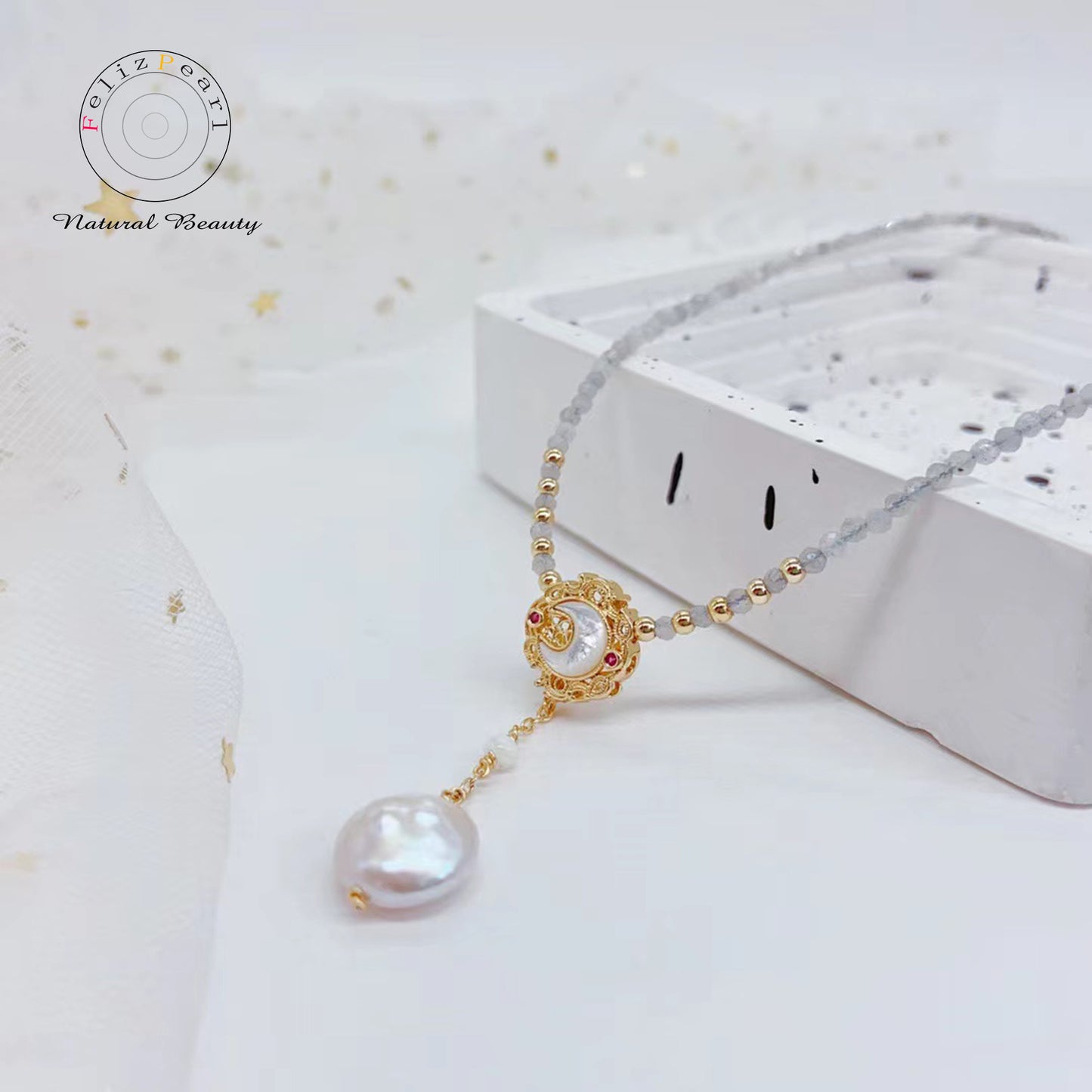 Moonlight Cat's Eye Stone Pearl Necklace - Feliz Pearl