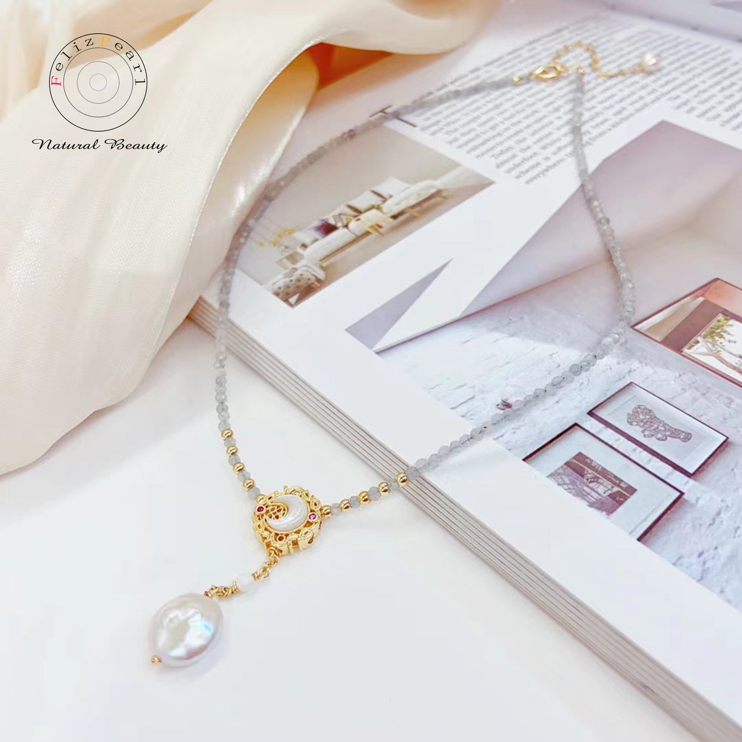 Moonlight Cat's Eye Stone Pearl Necklace - Feliz Pearl