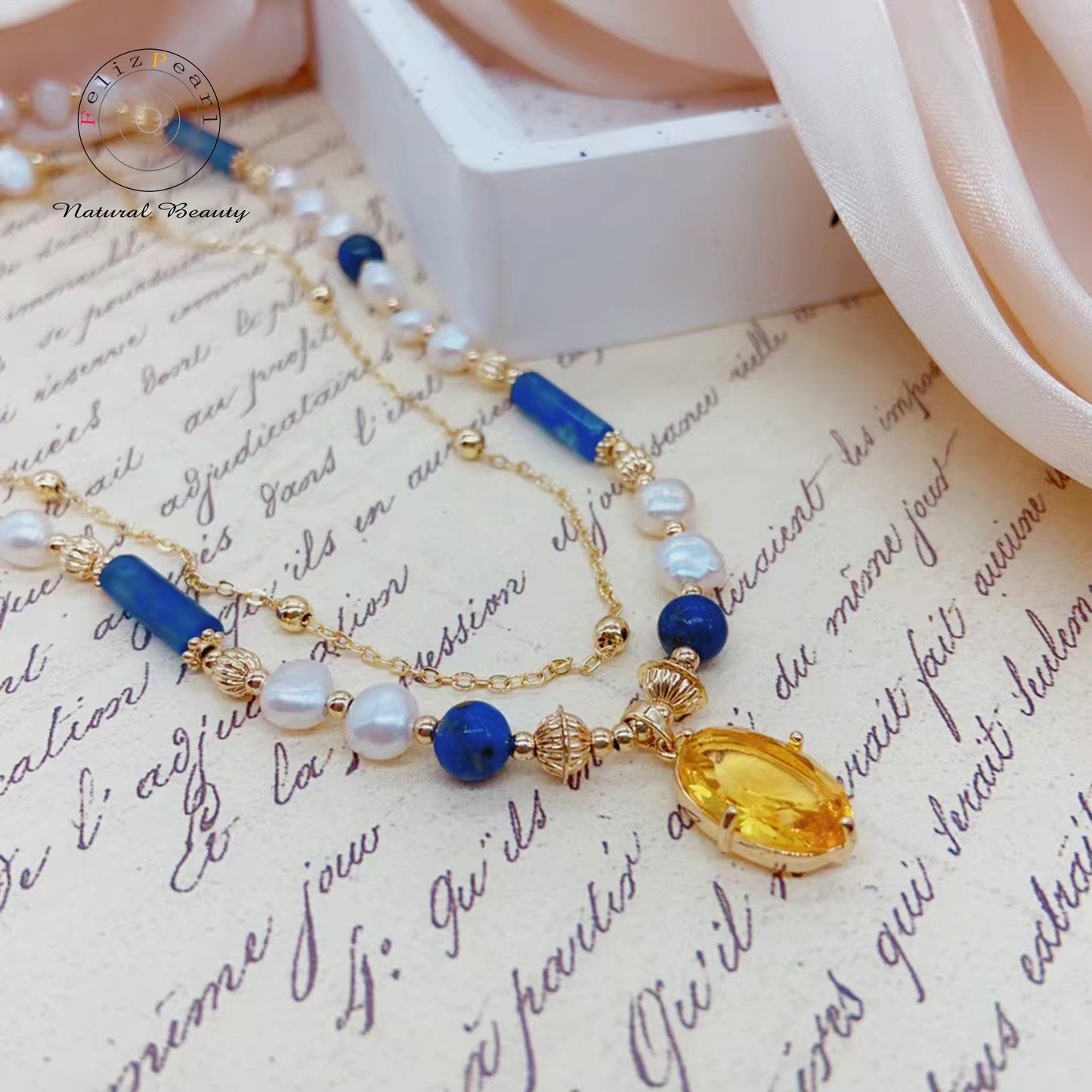 Vintage Style Blue Crystale Pearl Necklace - Feliz Pearl