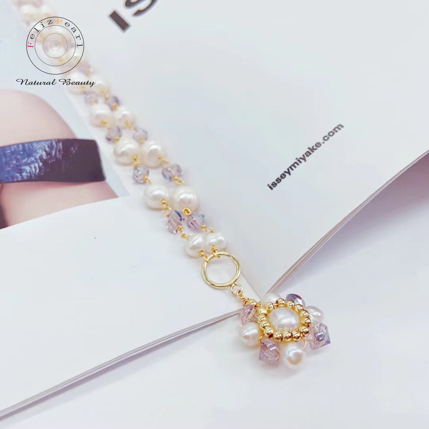 Purple Crystal Flower Authentic Pearl Necklace - Feliz Pearl