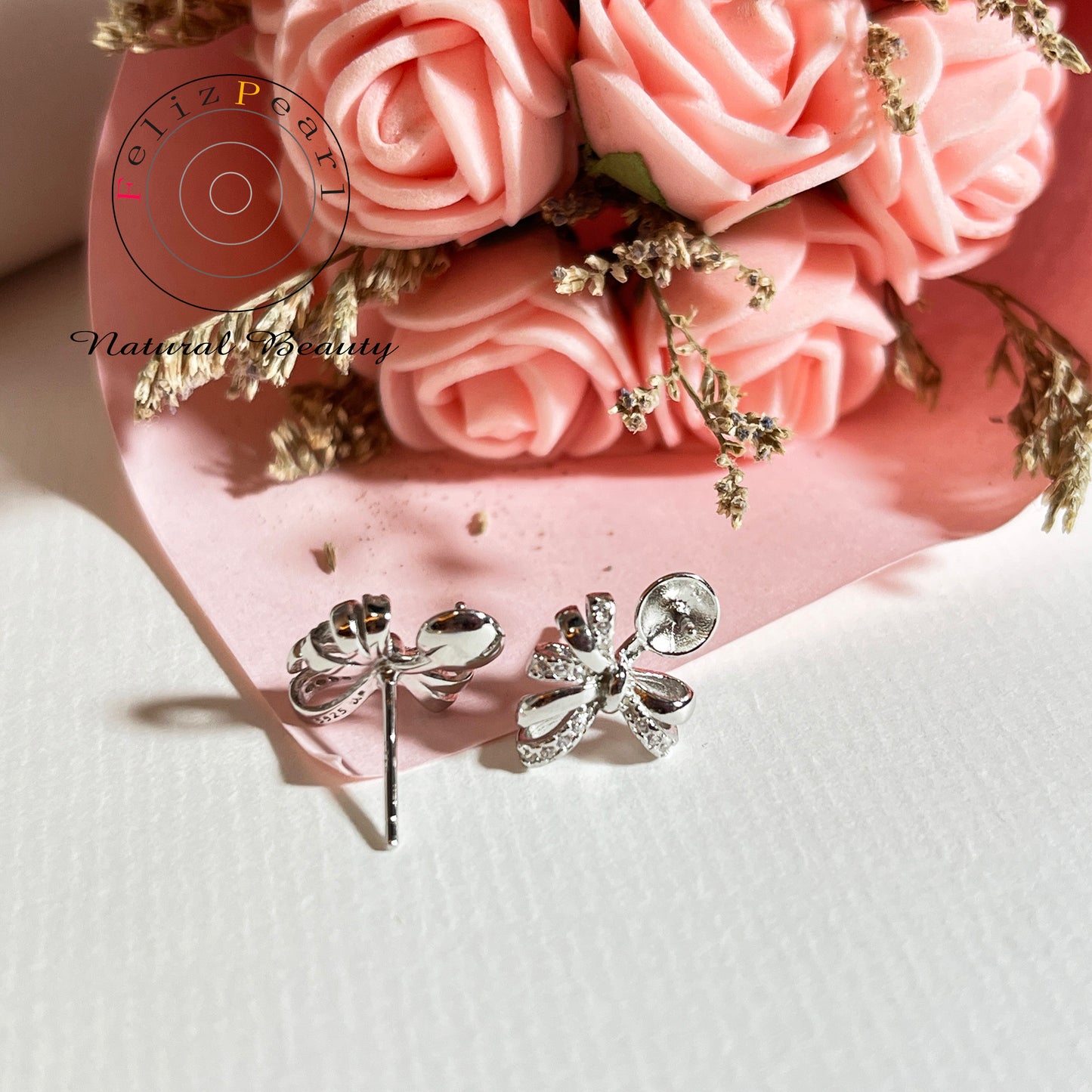 Luxury Cubic Zirconia Sterling Silver Bow Tie Pearl Earring Setting - Feliz Pearl