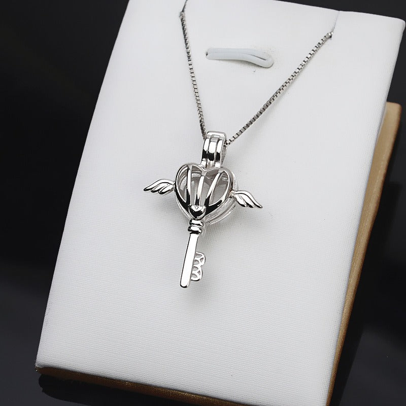 S925 Sterling Silver Angle Key Pearl Cage Pendant - Feliz Pearl