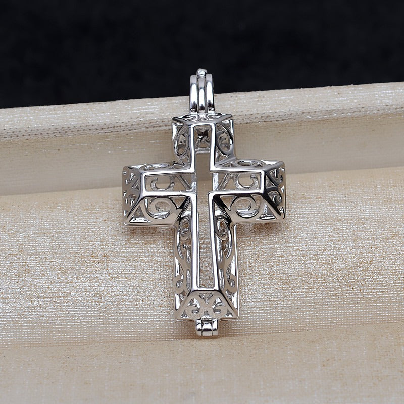 European Cross Silver Pearl Cage Pendant - Feliz Pearl