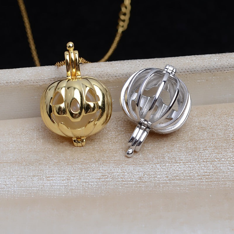 S925 Sterling Silver Skull Pumpkin Pearl Cage Pendant - Feliz Pearl