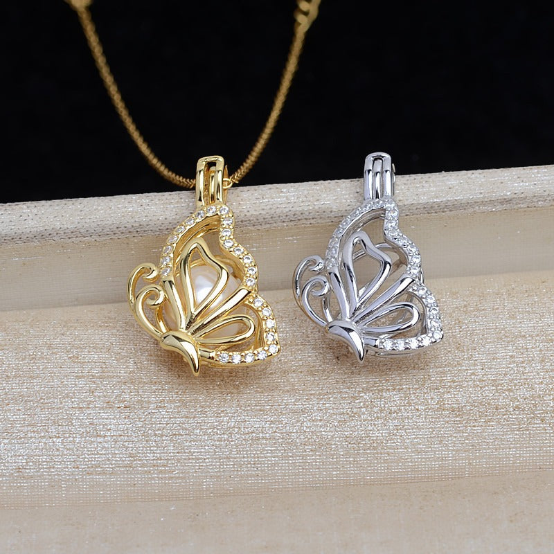 Feliz Pearl Shiny Cubic Zirconia Butterfly Pearl Cage Pendant - Feliz Pearl