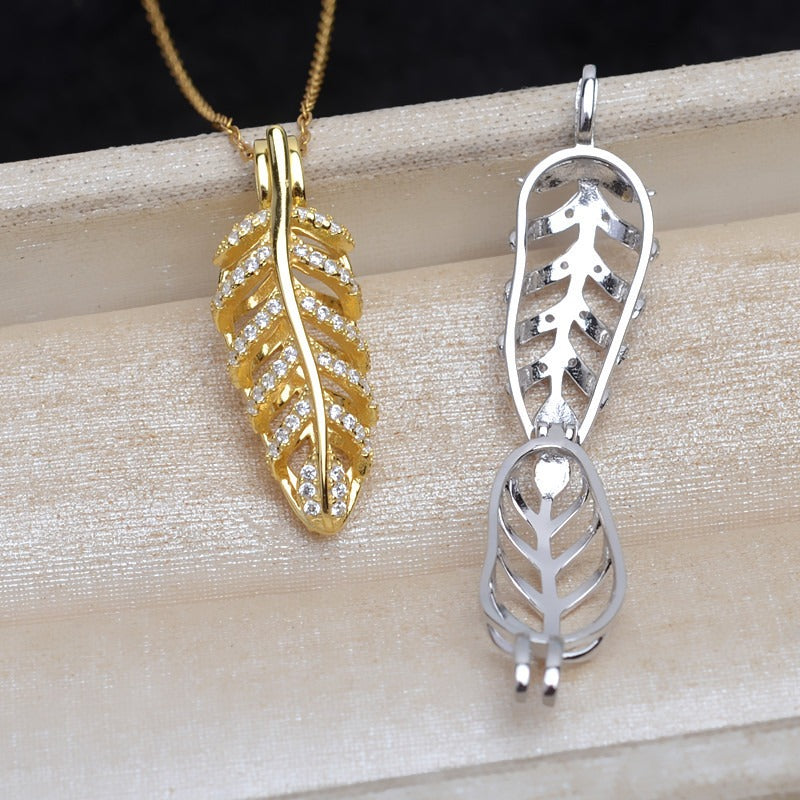 S925 Sterling Silver Leaf Design Pearl Cage Pendant - Feliz Pearl