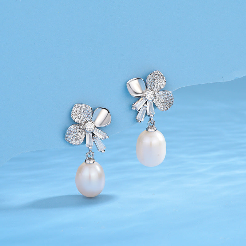 Cubic Zirconia Flower Pearl Earring Setting-S925 Sterling Silver - Feliz Pearl