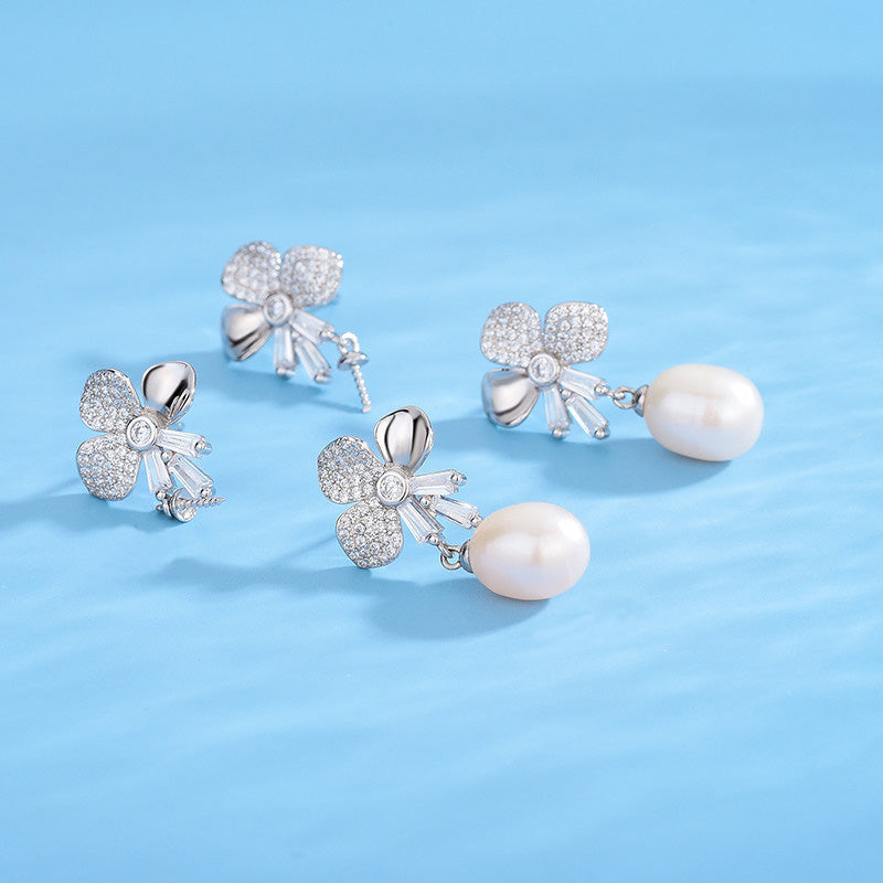 Cubic Zirconia Flower Pearl Earring Setting-S925 Sterling Silver - Feliz Pearl