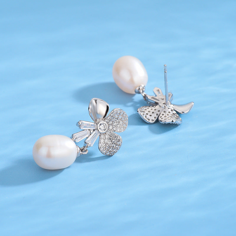 Cubic Zirconia Flower Pearl Earring Setting-S925 Sterling Silver - Feliz Pearl