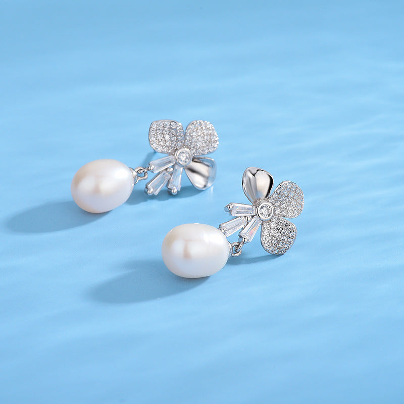 Cubic Zirconia Flower Pearl Earring Setting-S925 Sterling Silver - Feliz Pearl
