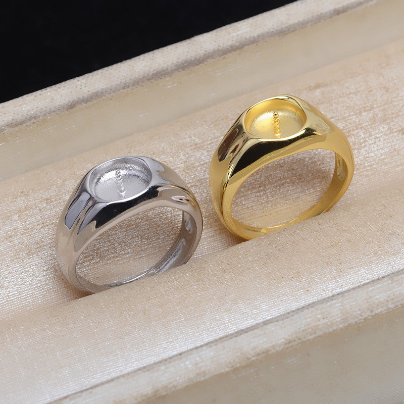 S925 Sterling Silver Vintage Wide Band Button Pearl Ring Setting - Feliz Pearl