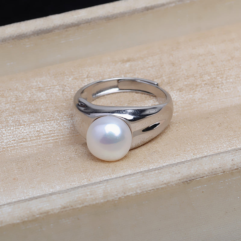 S925 Sterling Silver Vintage Wide Band Button Pearl Ring Setting - Feliz Pearl