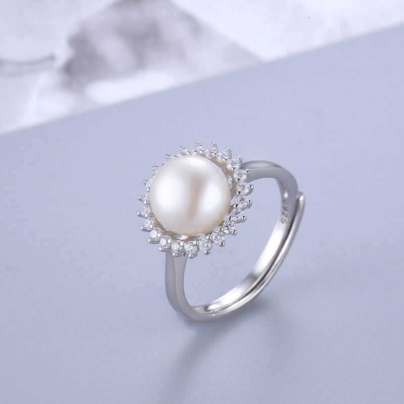 S925 Silver Luxury Cubic Zirconia Sunflower Pearl Ring Setting - Feliz Pearl