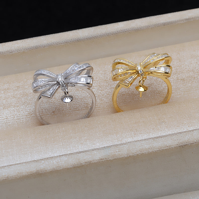 Adjustable Size CZ Bow Tie Pearl Ring Mounting-S925 Sterling Silver - Feliz Pearl