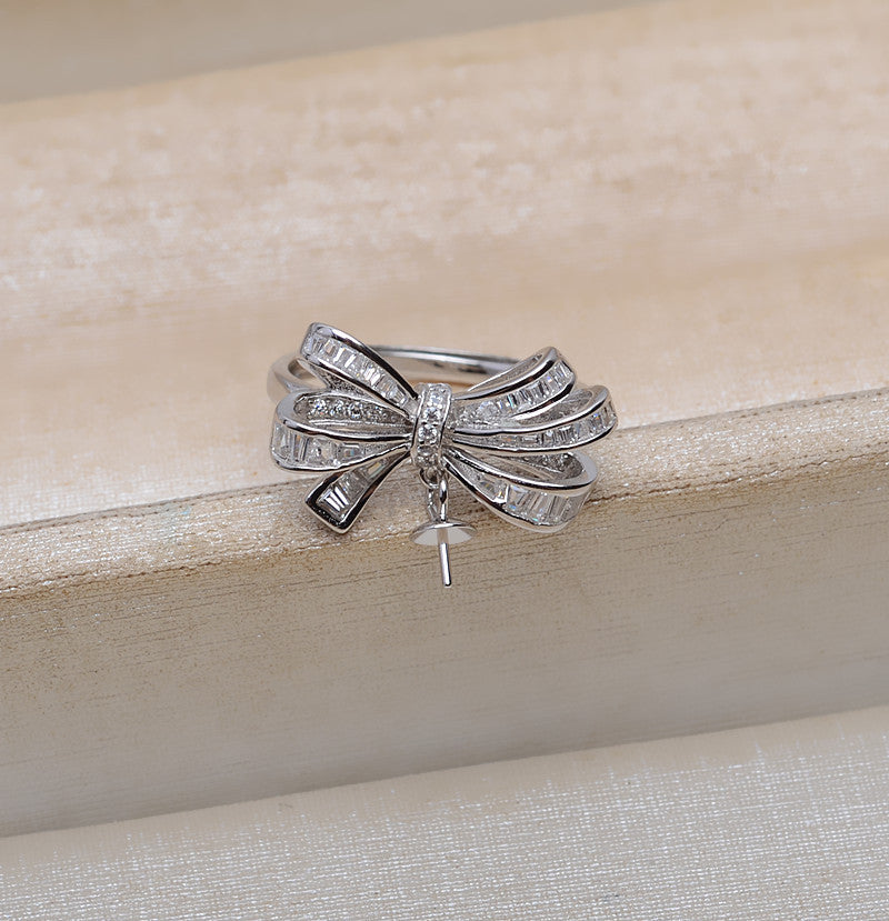 Adjustable Size CZ Bow Tie Pearl Ring Mounting-S925 Sterling Silver - Feliz Pearl