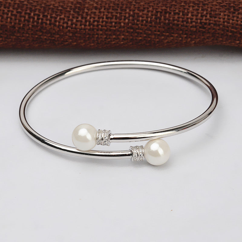 Cubic Zirconia Silver Women Pearl Bangle Setting - Feliz Pearl 