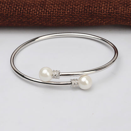 Cubic Zirconia Silver Women Pearl Bangle Setting - Feliz Pearl 