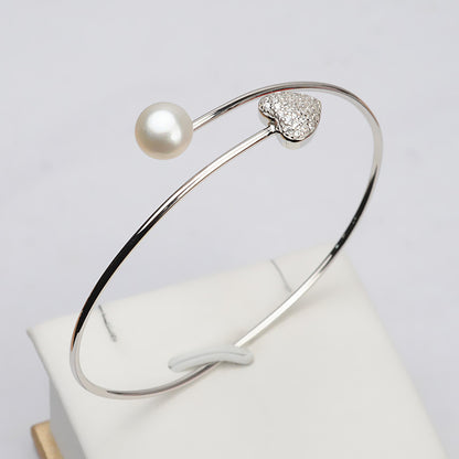 S925 Sterling Silver Lovely Heart Pearl Bangle Settings - Feliz Pearl 