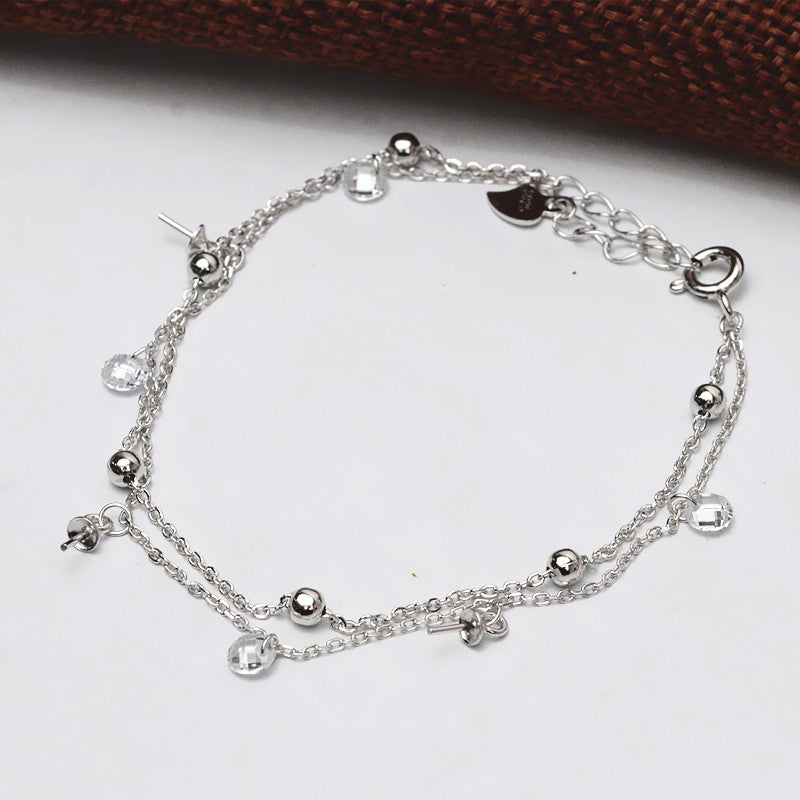 Cubic Zirconia S925 Sterling Silver Pearl Bracelet Setting Double Layer - Feliz Pearl 
