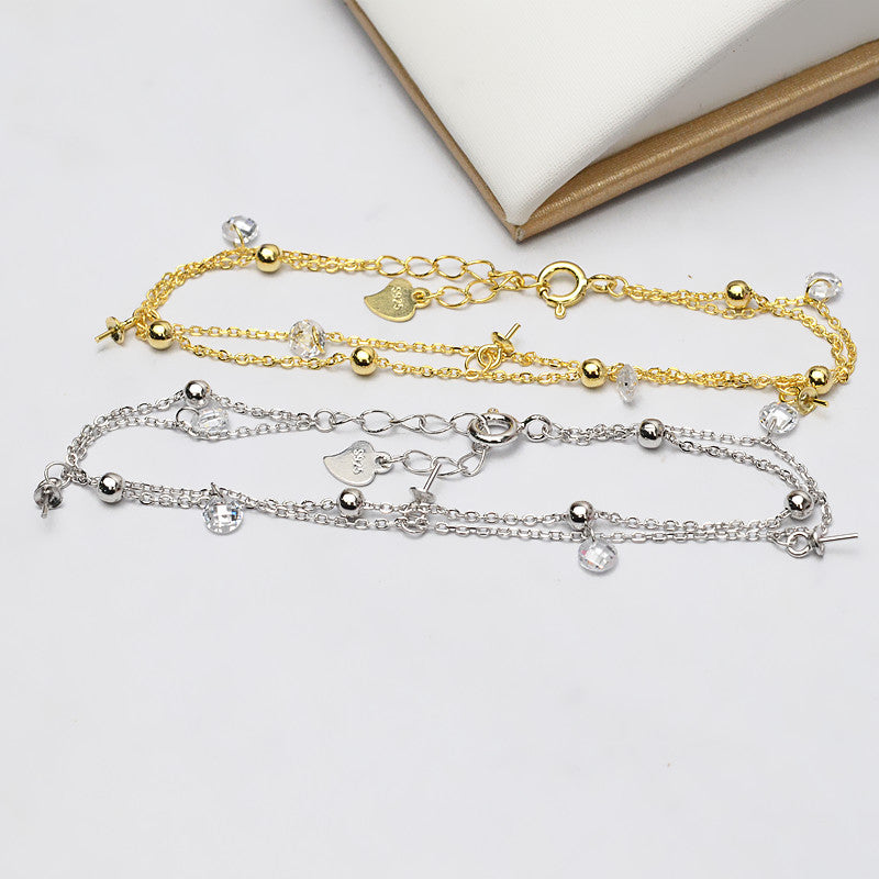 Cubic Zirconia S925 Sterling Silver Pearl Bracelet Setting Double Layer - Feliz Pearl 