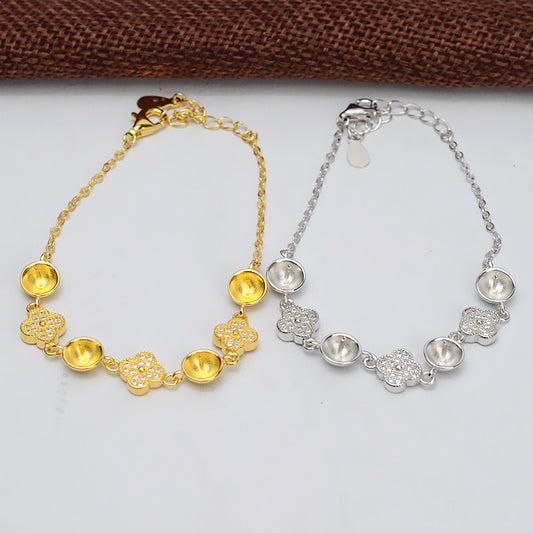 Women Four Leaf Clover Silver Pearl Bracelet Setting-Feliz Pearl - Feliz Pearl 