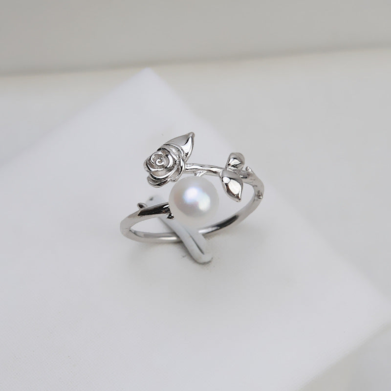 S925 Silver Rose Design Pearl Ring Setting-Adjustable Size Ring - Feliz Pearl 