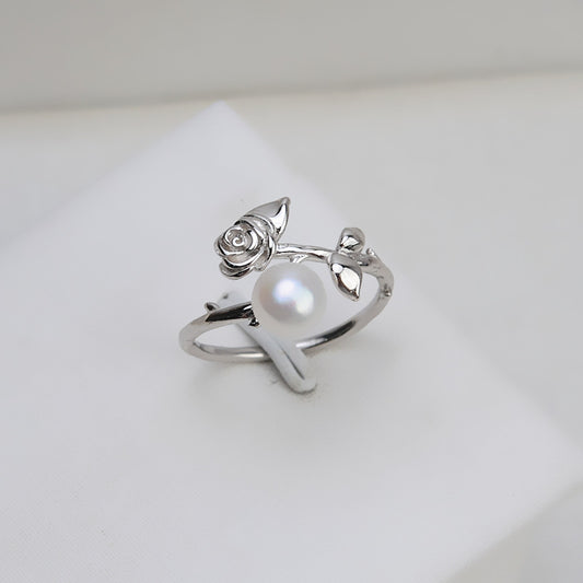 S925 Silver Rose Design Pearl Ring Setting-Adjustable Size Ring - Feliz Pearl 