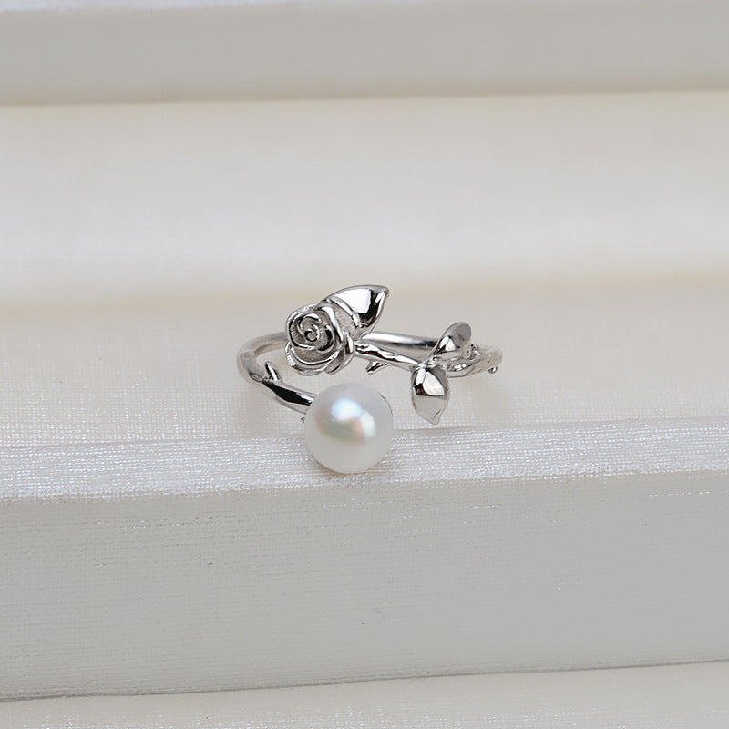 S925 Silver Rose Design Pearl Ring Setting-Adjustable Size Ring - Feliz Pearl 