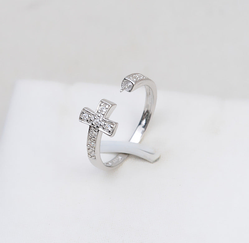 Silver Cubic Zirconia Cross Women Pearl Ring Mounting - Feliz Pearl 