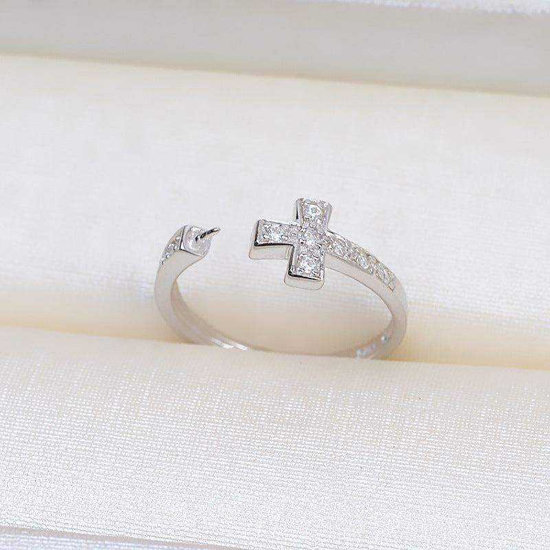 Silver Cubic Zirconia Cross Women Pearl Ring Mounting - Feliz Pearl 