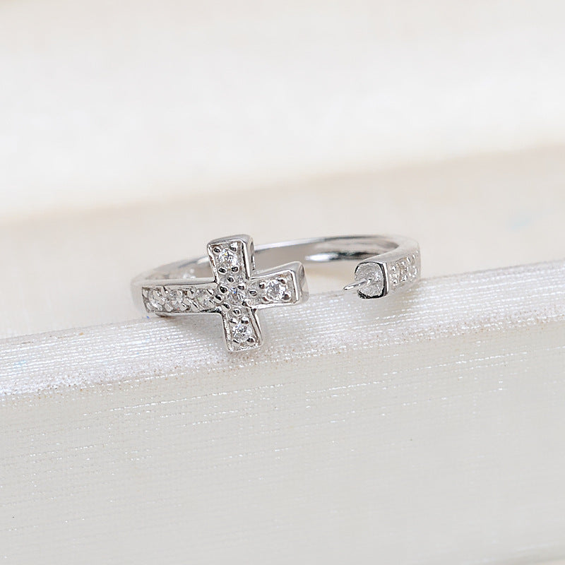 Silver Cubic Zirconia Cross Women Pearl Ring Mounting - Feliz Pearl 
