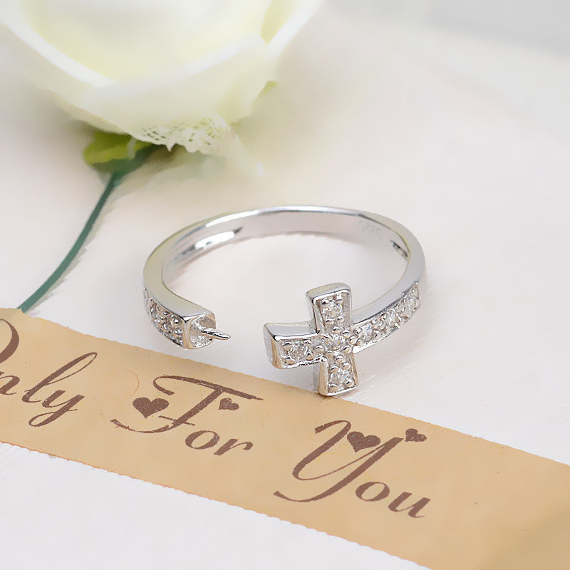 Silver Cubic Zirconia Cross Women Pearl Ring Mounting - Feliz Pearl 