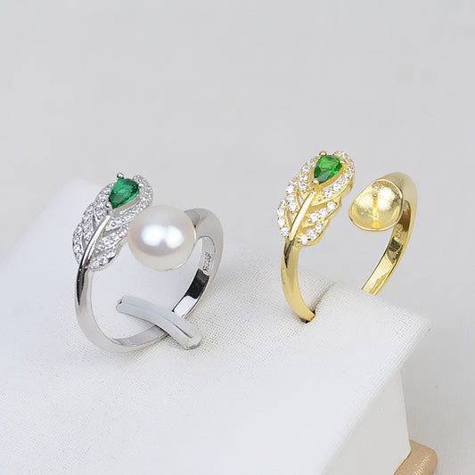Green CZ Feather Pearl Ring Setting-S925 Sterling Silver - Feliz Pearl 