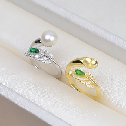 Green CZ Feather Pearl Ring Setting-S925 Sterling Silver - Feliz Pearl 