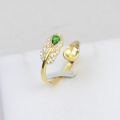 Green CZ Feather Pearl Ring Setting-S925 Sterling Silver - Feliz Pearl 