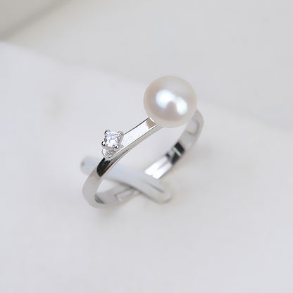Cubic Zirconia S925 Sterling Silver Balance Beam Pearl Ring Setting - Feliz Pearl 
