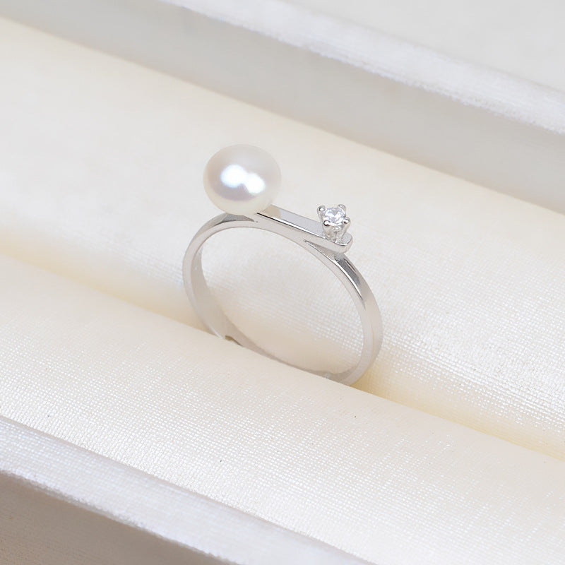 Cubic Zirconia S925 Sterling Silver Balance Beam Pearl Ring Setting - Feliz Pearl 