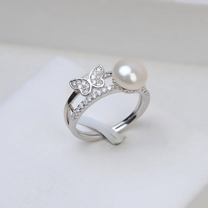 S925 Sterling Silver CZ Mini Butterfly Pearl Ring Setting - Feliz Pearl 