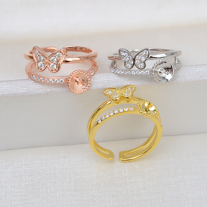 S925 Sterling Silver CZ Mini Butterfly Pearl Ring Setting - Feliz Pearl 