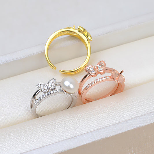 S925 Sterling Silver CZ Mini Butterfly Pearl Ring Setting - Feliz Pearl 