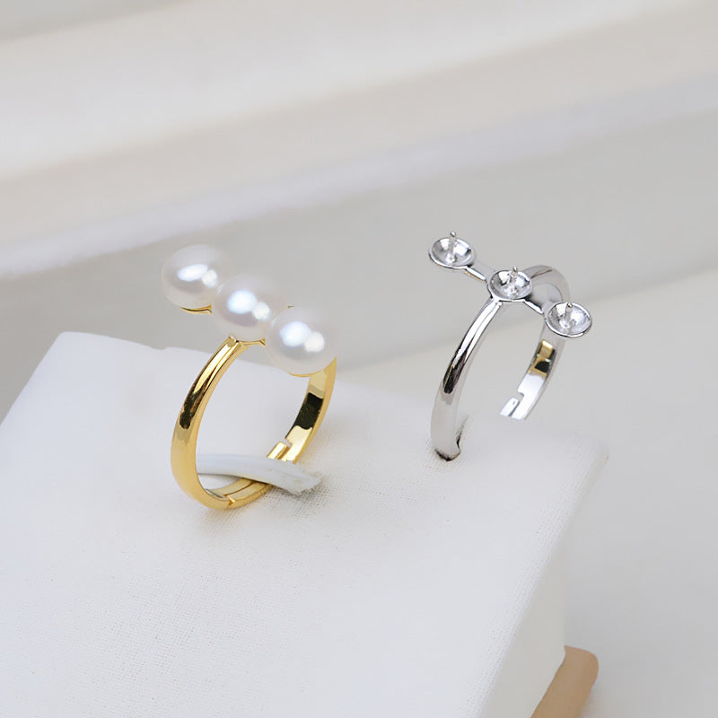 S925 Sterling Silver Triple Pearls Balance Beam Pearl Ring Mounting - Feliz Pearl 